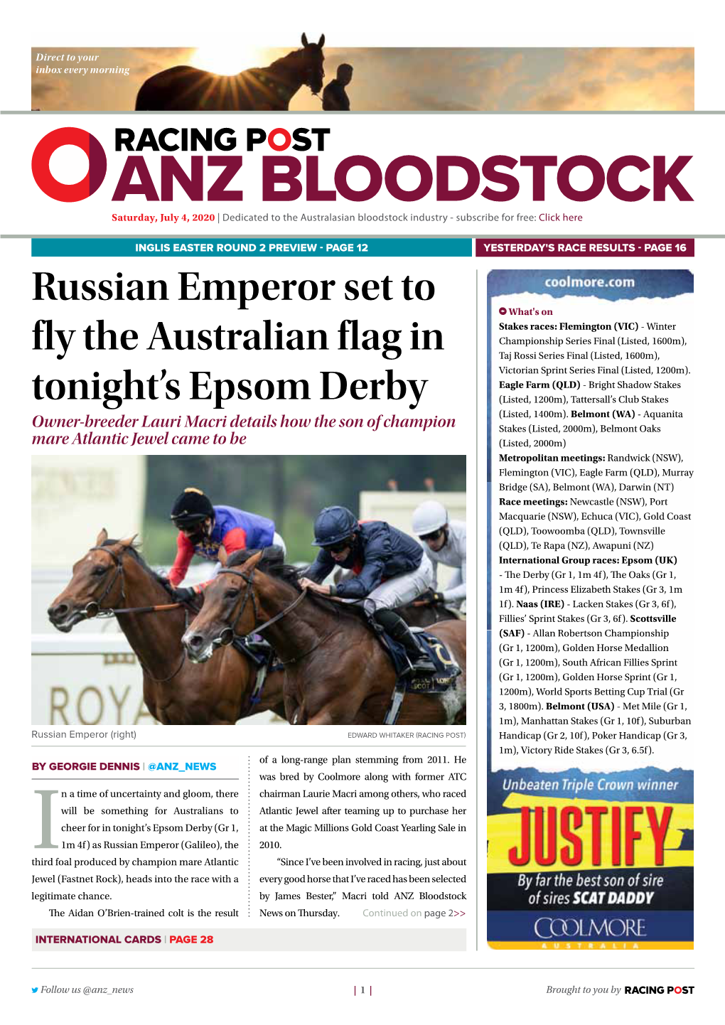 Russian Emperor Set to Fly the Australian Flag in Tonight's Epsom