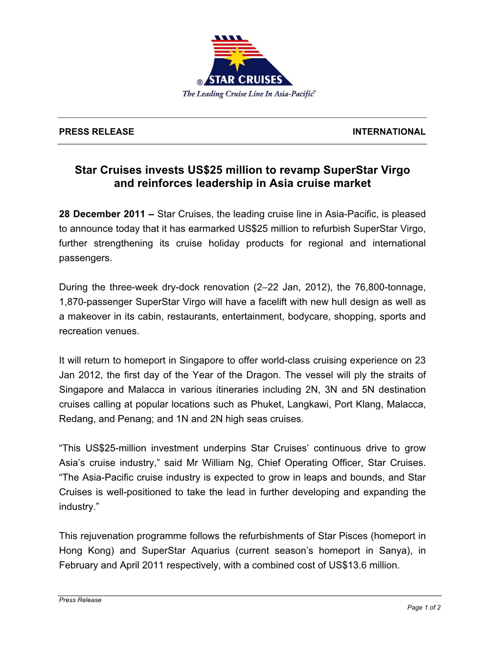 Star Cruises Invests US$25 Million to Revamp Superstar Virgo and Reinforces Leadership in Asia Cruise Market