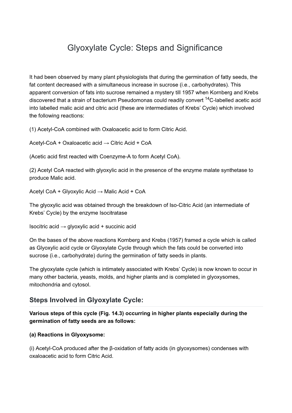 Glyoxylate Cycle: Steps and Significance