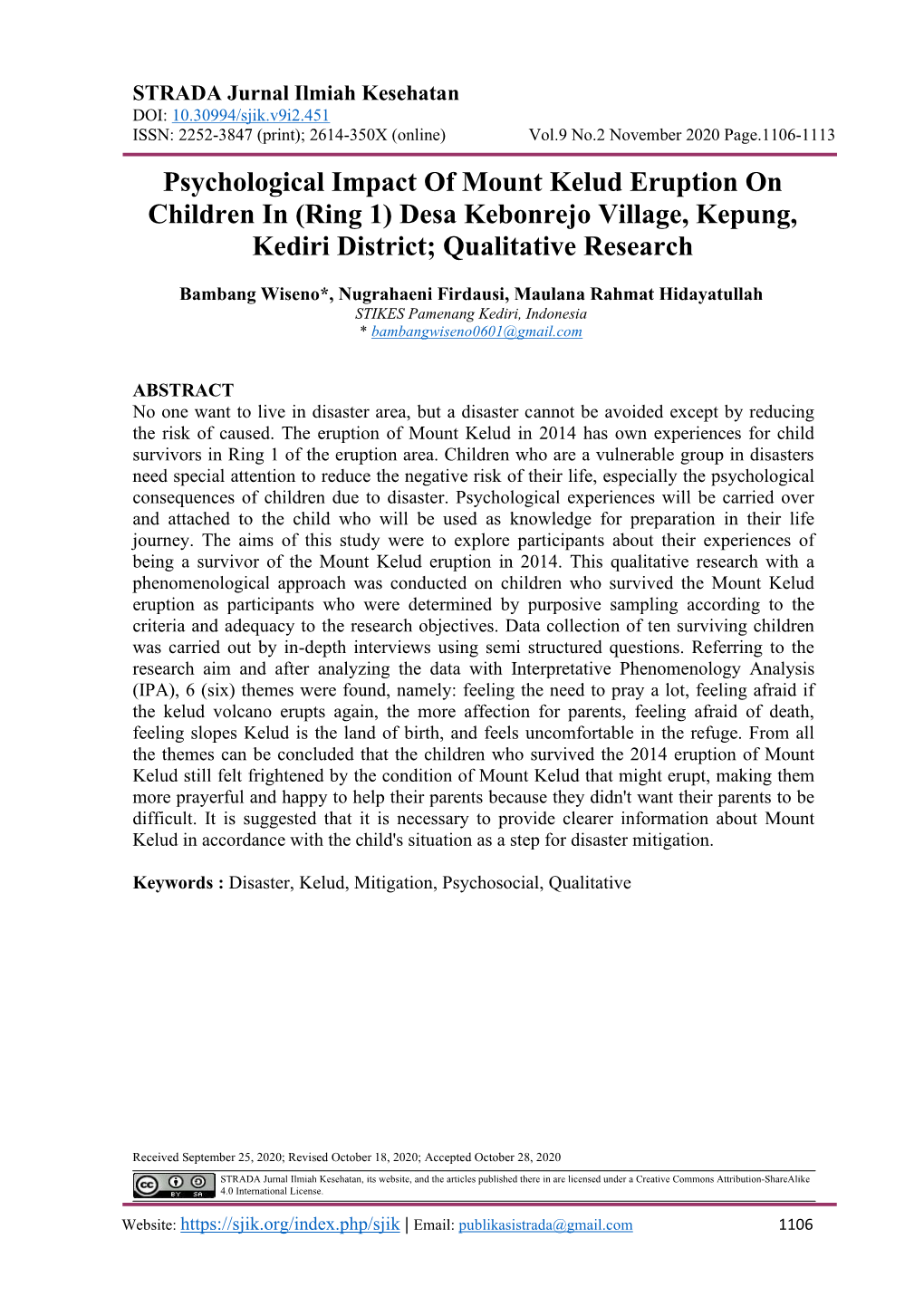 Psychological Impact of Mount Kelud Eruption on Children in (Ring 1) Desa Kebonrejo Village, Kepung, Kediri District; Qualitative Research