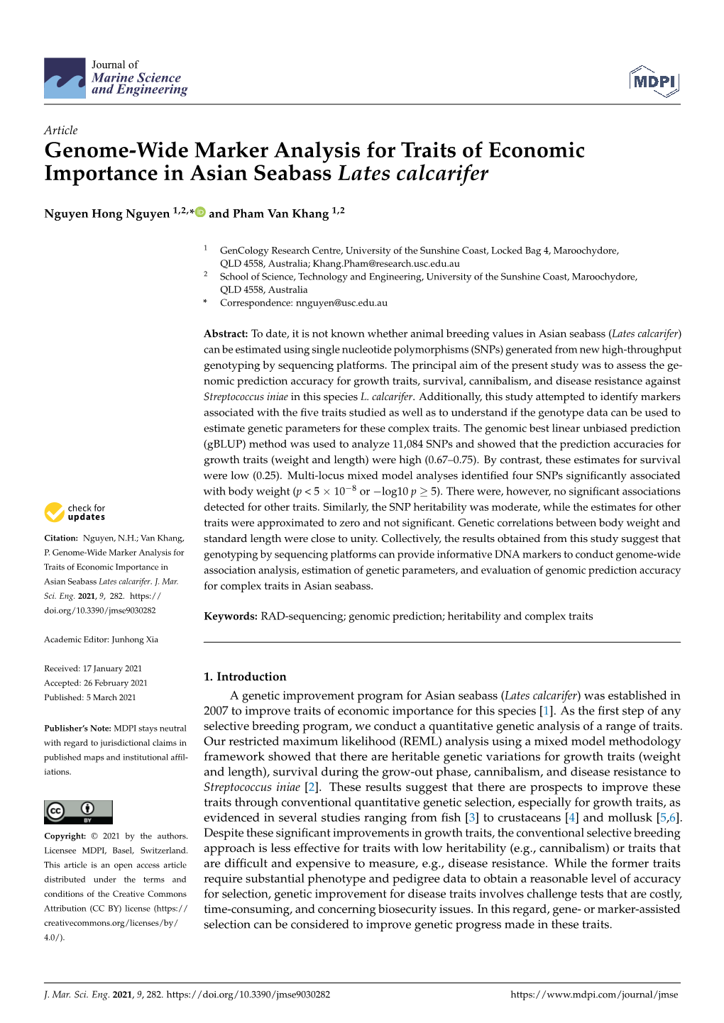 Genome-Wide Marker Analysis for Traits of Economic Importance in Asian Seabass Lates Calcarifer