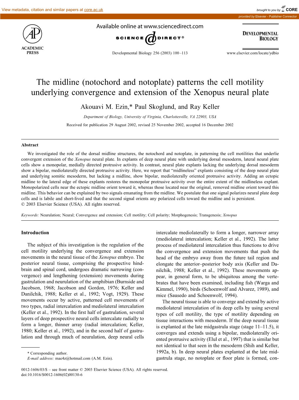 The Midline (Notochord and Notoplate) Patterns the Cell Motility Underlying Convergence and Extension of the Xenopus Neural Plate