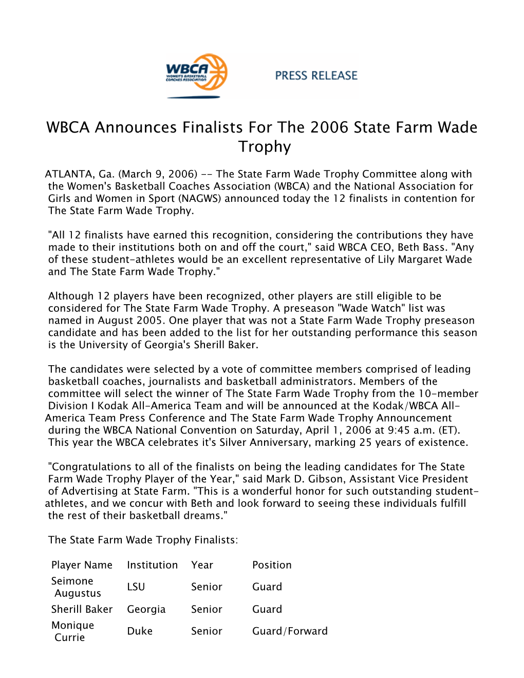 WBCA Announces Finalists for the 2006 State Farm Wade Trophy