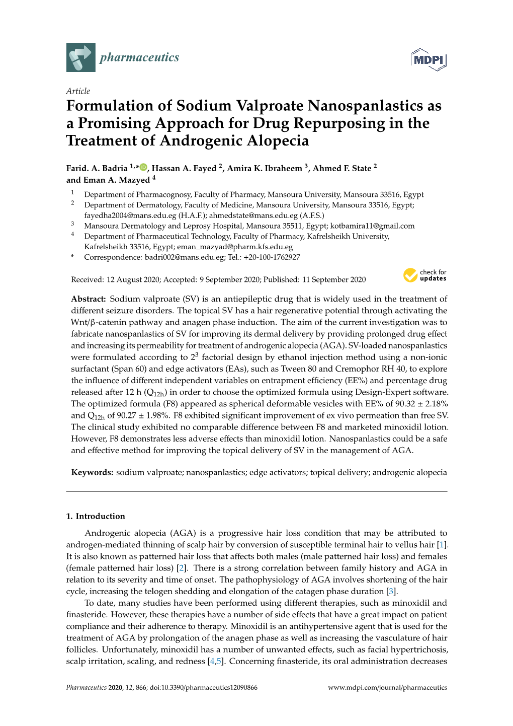 Formulation of Sodium Valproate Nanospanlastics As a Promising Approach for Drug Repurposing in the Treatment of Androgenic Alopecia