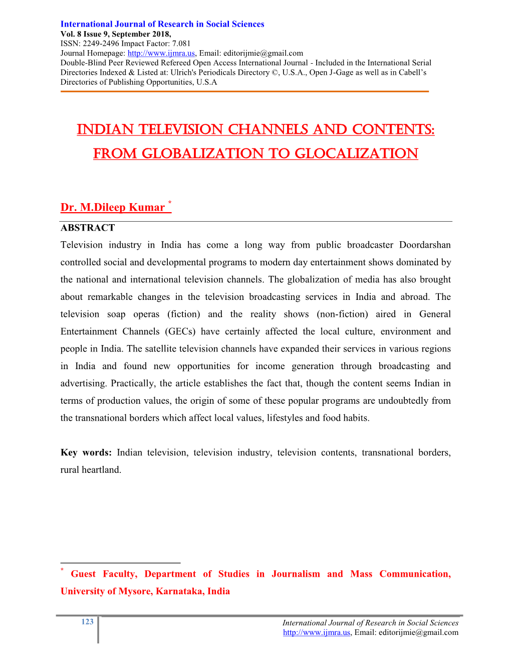 Indian Television Channels and Contents: from Globalization to Glocalization