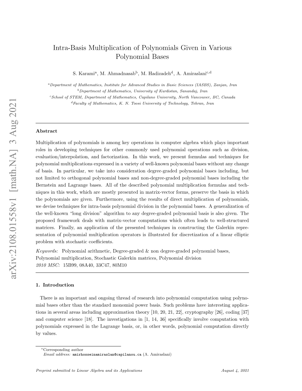 Intra-Basis Multiplication of Polynomials Given in Various Polynomial Bases