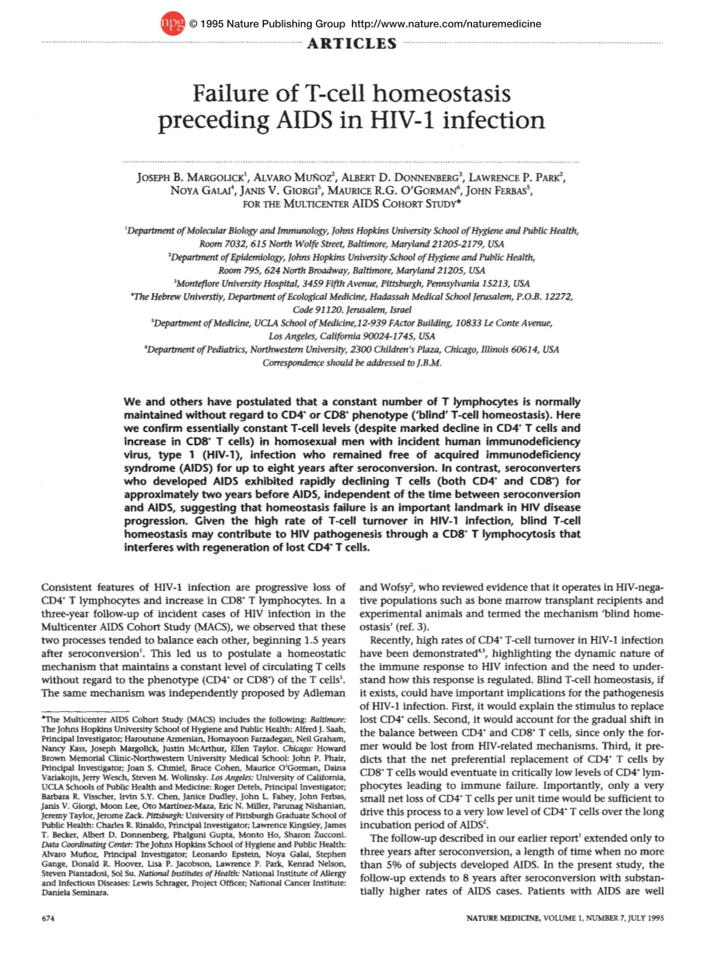 Failure Oft-Cell Homeostasis Preceding AIDS in HIV-1 Infection