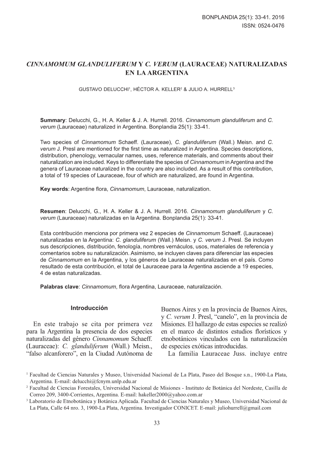 En Este Trabajo Se Cita Por Primera Vez Para La Argentina La Presencia De Dos Especies Naturalizadas Del Género Cinnamomum Scha