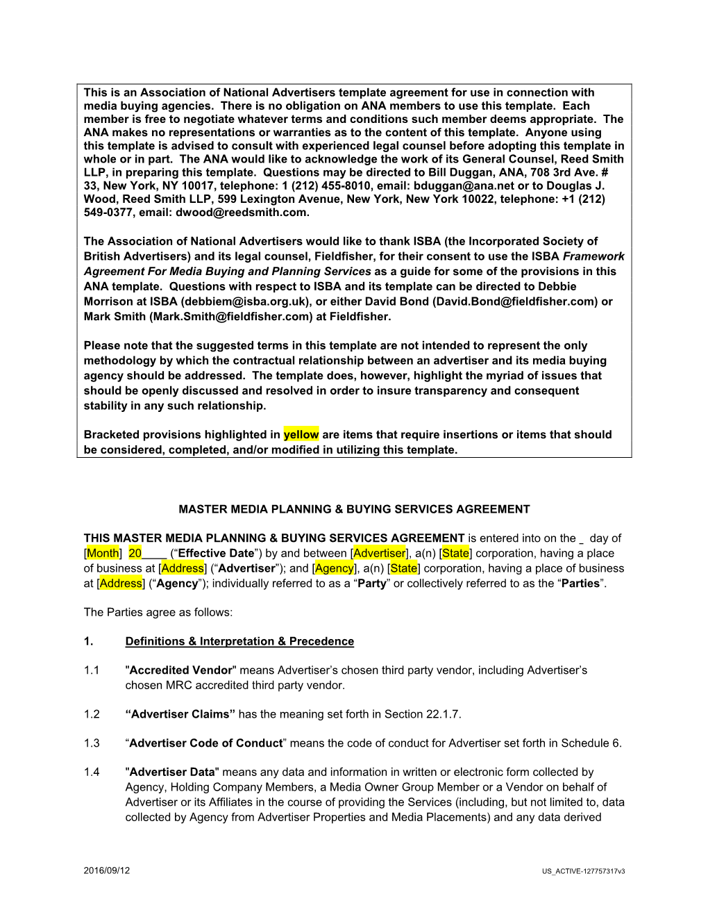 This Is an Association of National Advertisers Template Agreement for Use in Connection with Media Buying Agencies