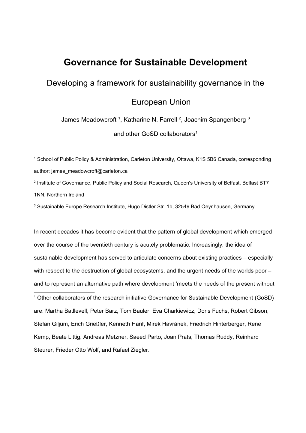 Governance for Sustainable Development