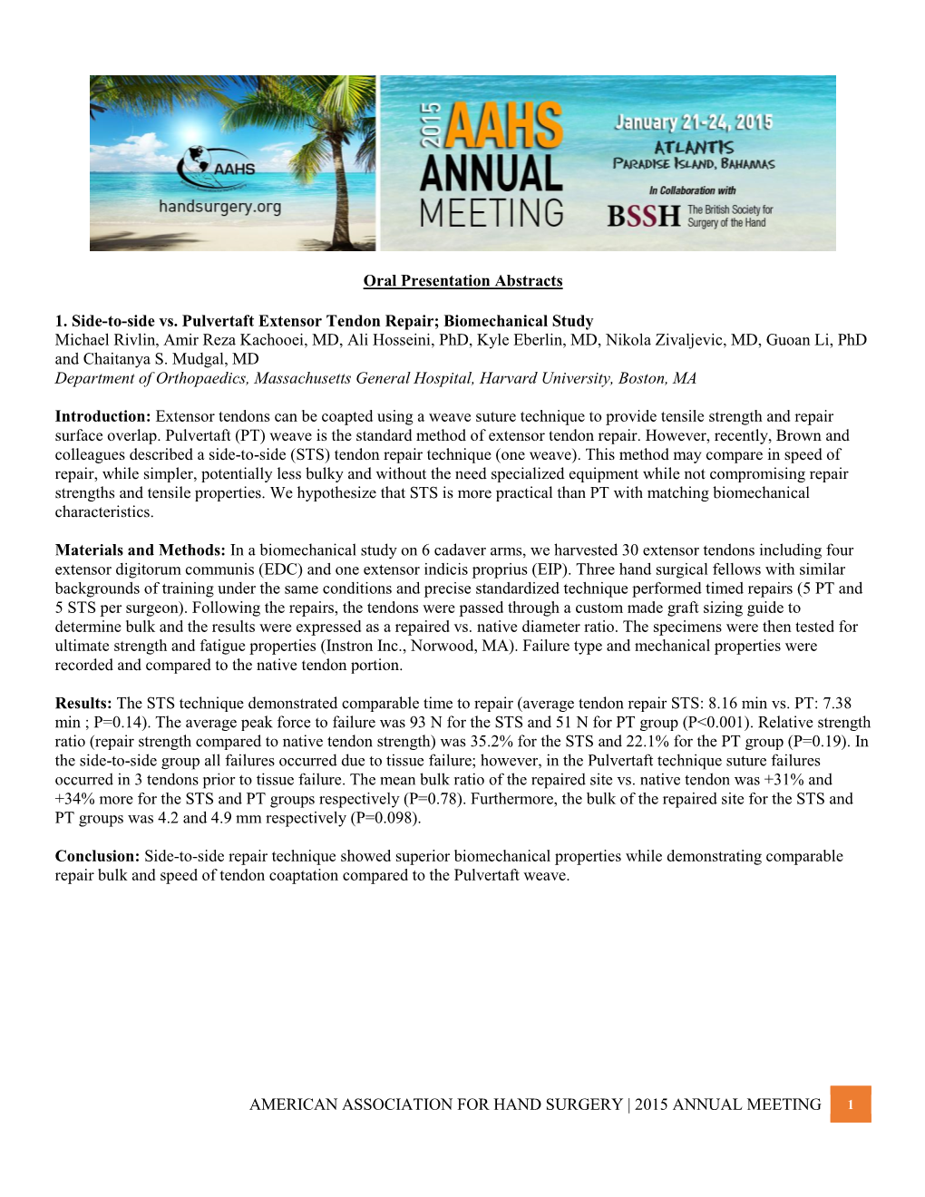 American Association for Hand Surgery | 2015 Annual Meeting 1