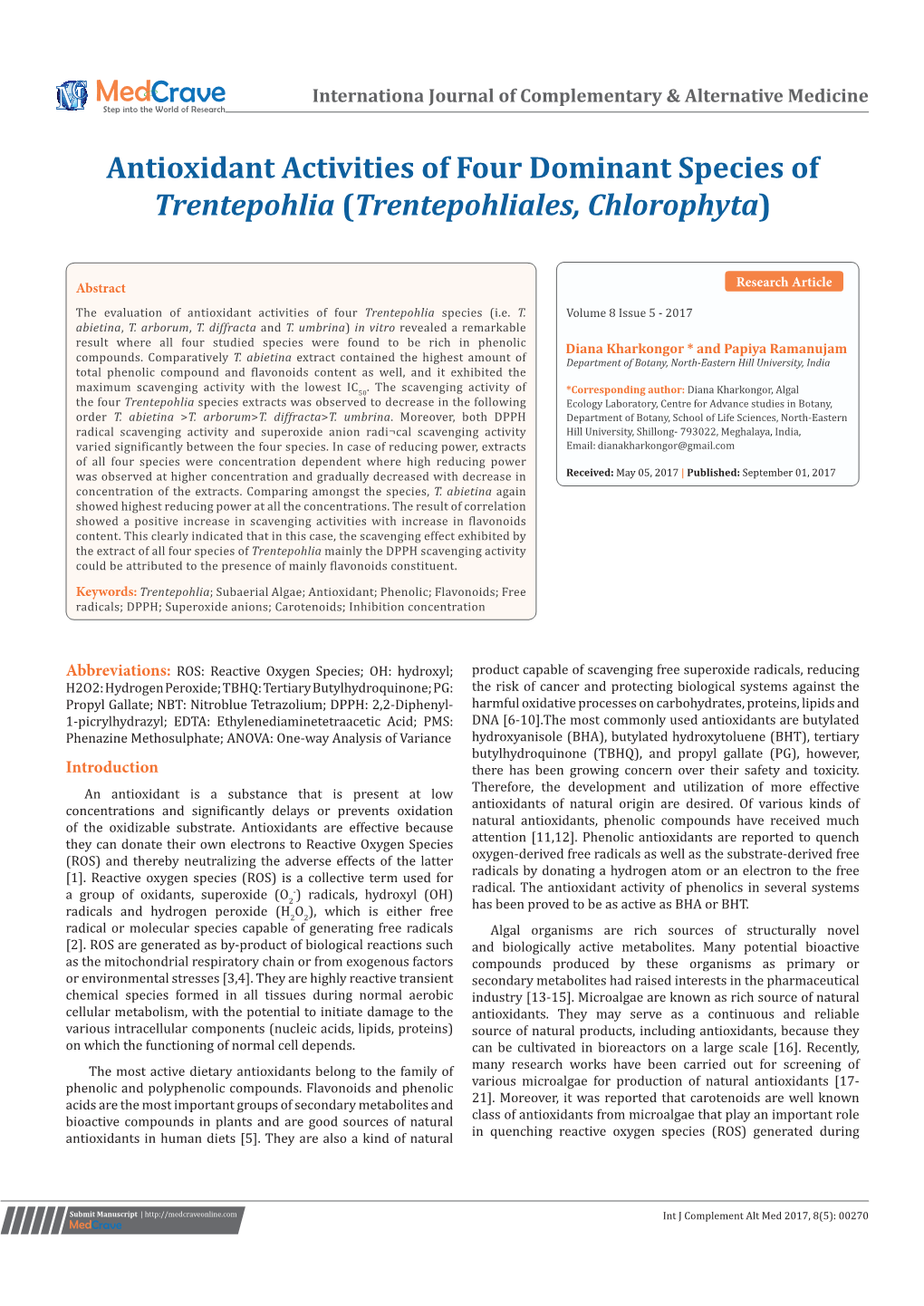 Antioxidant Activities of Four Dominant Species of Trentepohlia (Trentepohliales, Chlorophyta)