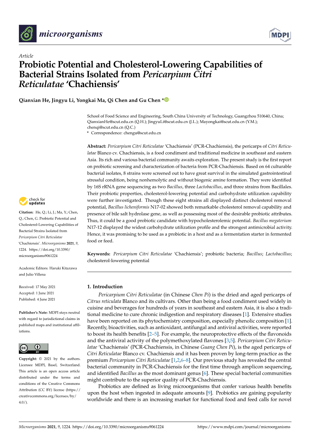 Probiotic Potential and Cholesterol-Lowering Capabilities of Bacterial Strains Isolated from Pericarpium Citri Reticulatae ‘Chachiensis’