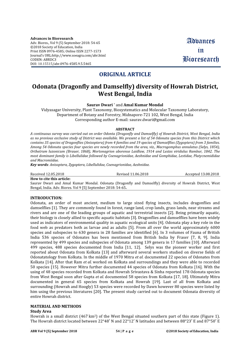 Odonata (Dragonfly and Damselfly) Diversity of Howrah District, West Bengal, India