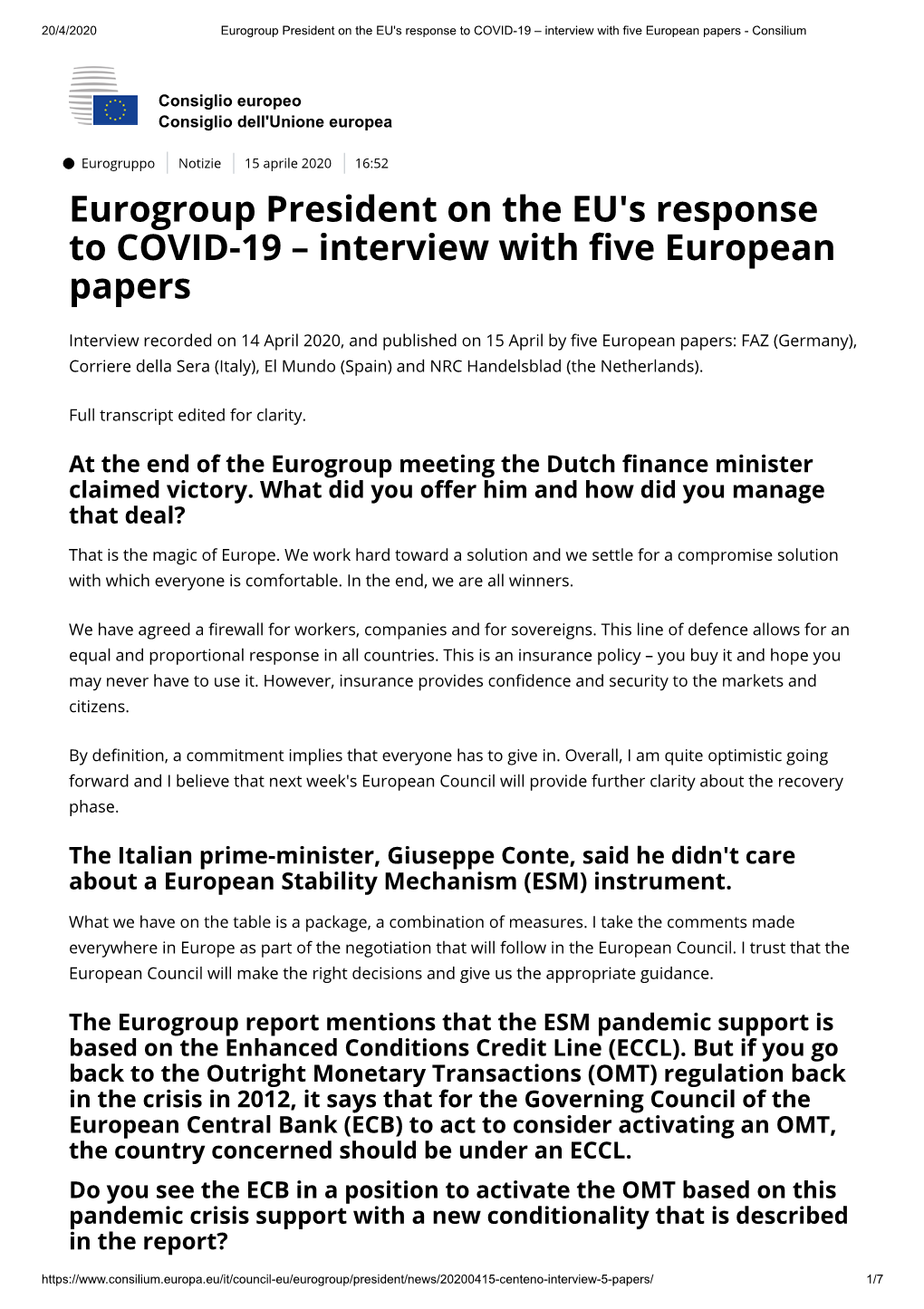 Eurogroup President on the EU's Response to COVID-19 – Interview with Five European Papers - Consilium