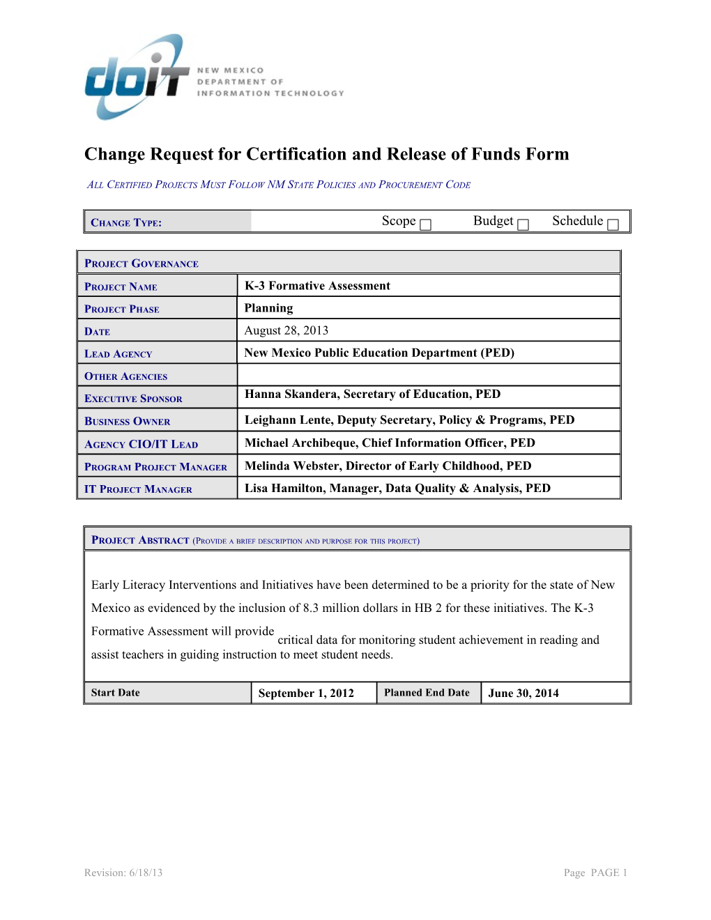 Change Request for Certification and Release of Funds Form