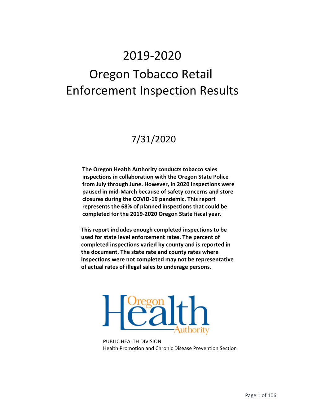 2019‐2020 Oregon Tobacco Retail Enforcement Inspection Results