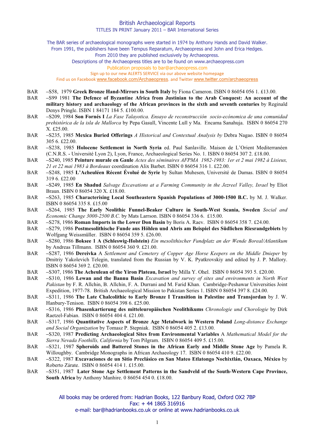 British Archaeological Reports TITLES in PRINT January 2011 – BAR International Series