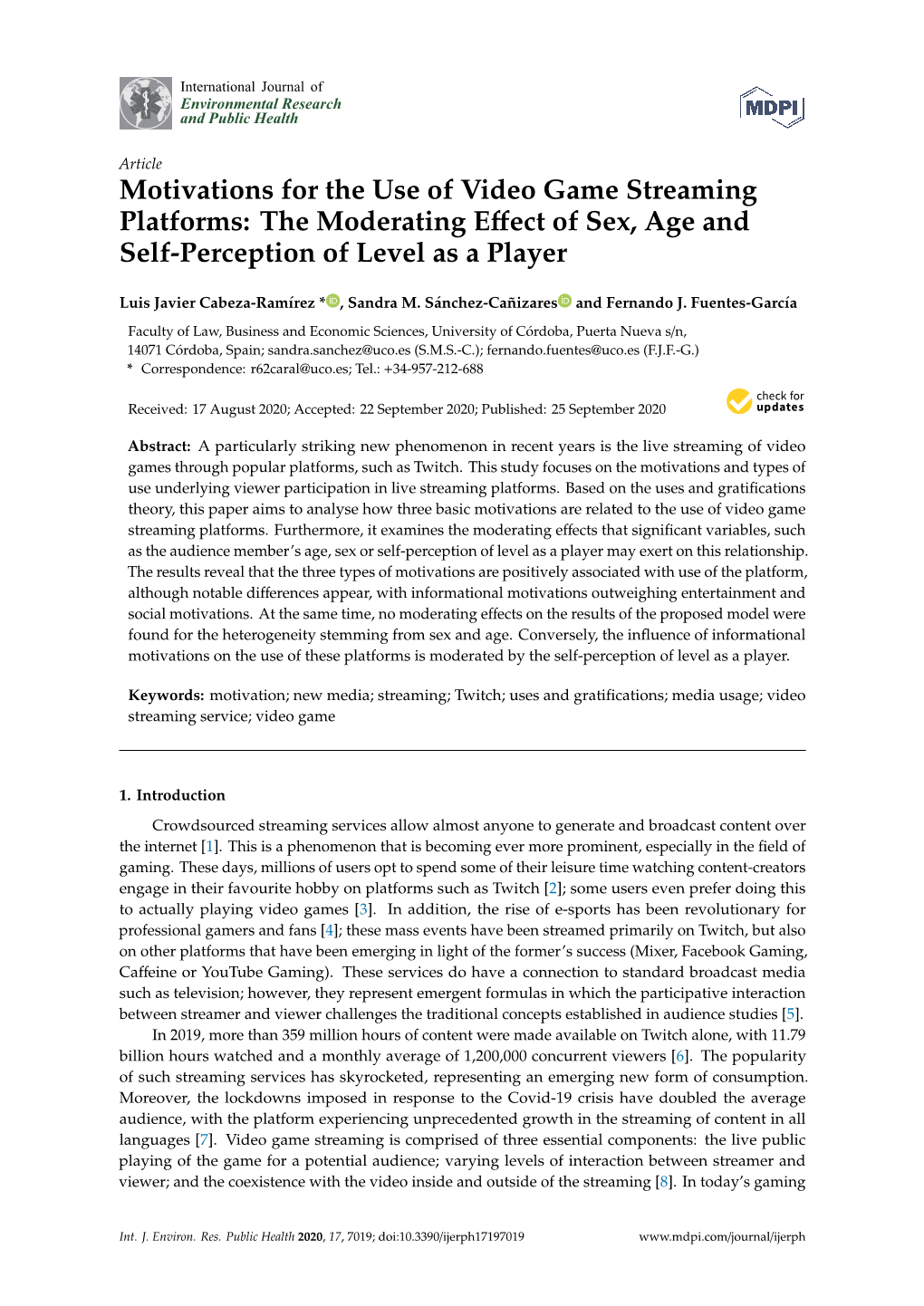 Motivations for the Use of Video Game Streaming Platforms: the Moderating Eﬀect of Sex, Age and Self-Perception of Level As a Player