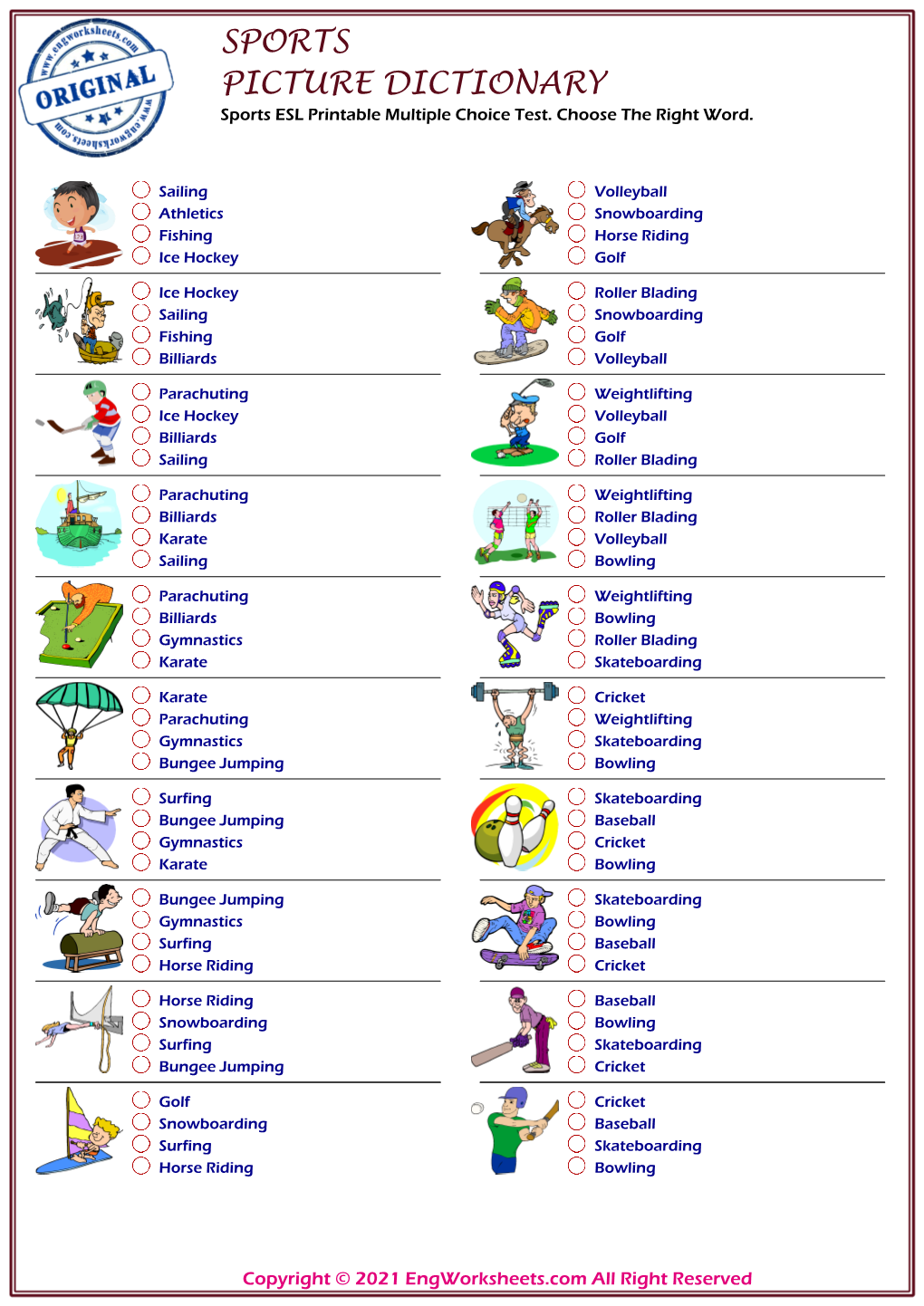 Match the Pictures on Our Multiple-Choice English Sports Worksheet with a Different Design and You Will Mark the English Words