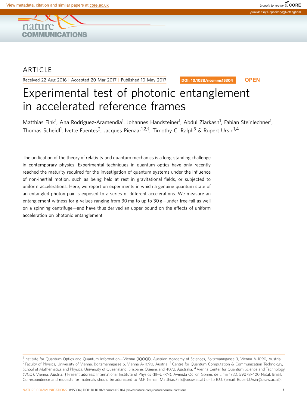 Experimental Test of Photonic Entanglement in Accelerated Reference Frames