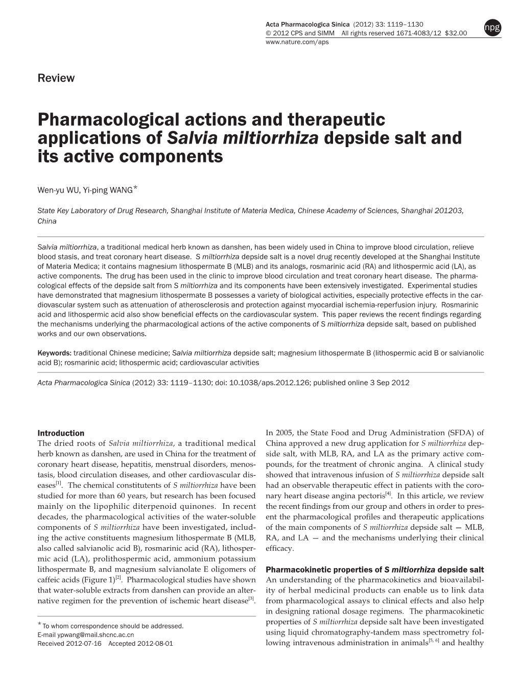 Pharmacological Actions and Therapeutic Applications of Salvia Miltiorrhiza Depside Salt and Its Active Components