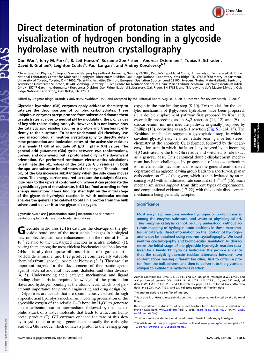 Direct Determination of Protonation States and Visualization of Hydrogen Bonding in a Glycoside Hydrolase with Neutron Crystallography