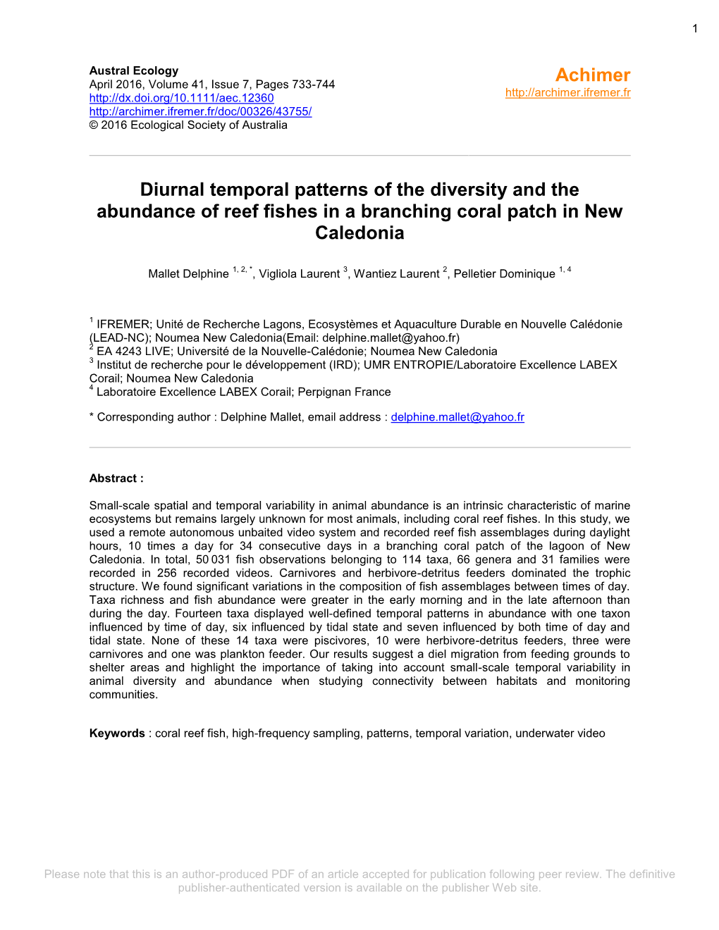 Diurnal Temporal Patterns of the Diversity and the Abundance of Reef Fishes in a Branching Coral Patch in New Caledonia