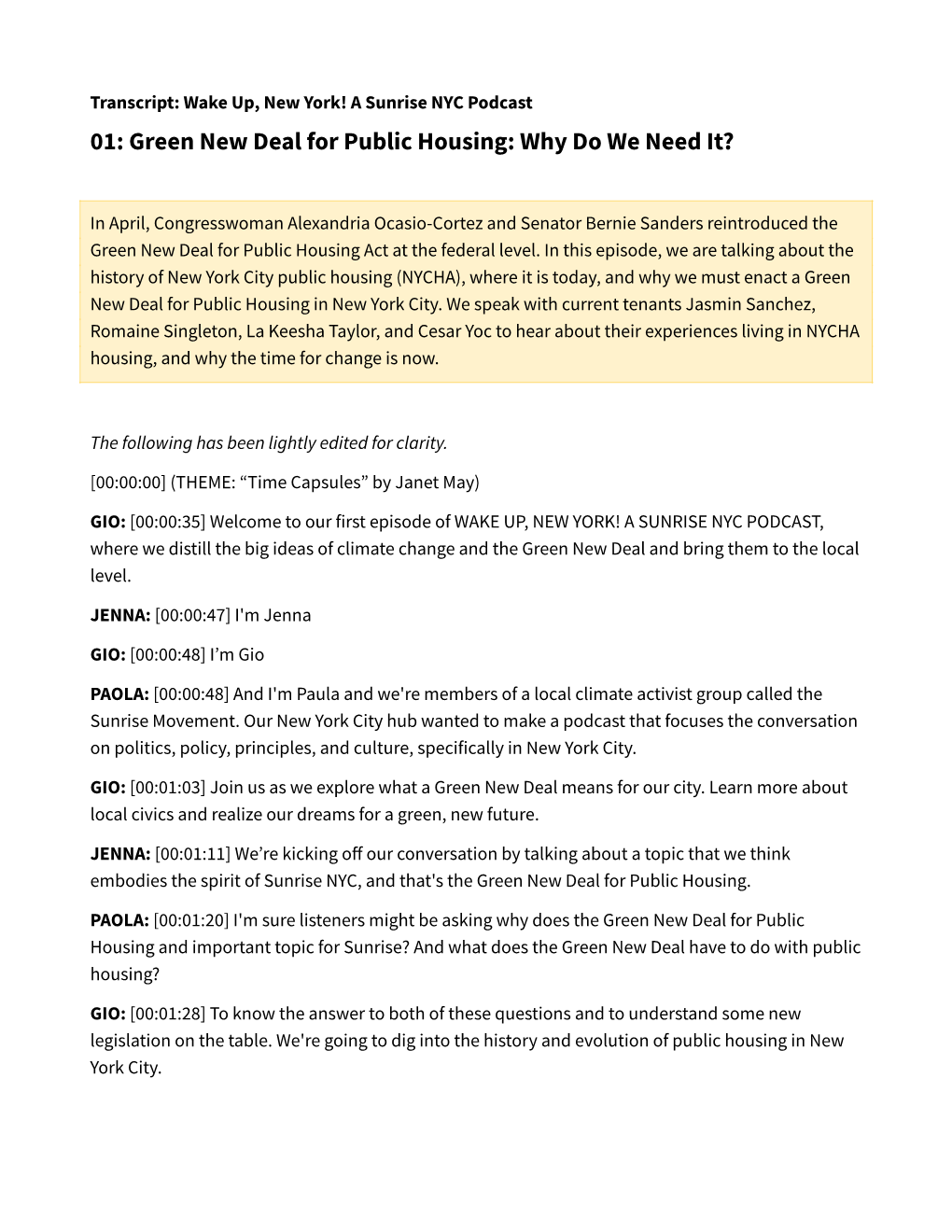 Transcript: Wake Up, New York! a Sunrise NYC Podcast 01: Green New Deal for Public Housing: Why Do We Need It?