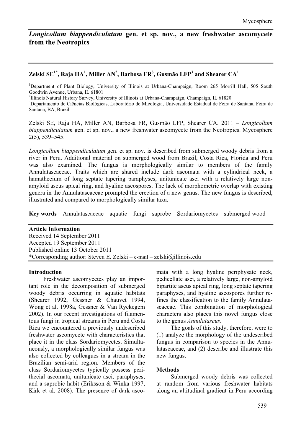 Longicollum Biappendiculatum Gen. Et Sp. Nov., a New Freshwater Ascomycete from the Neotropics