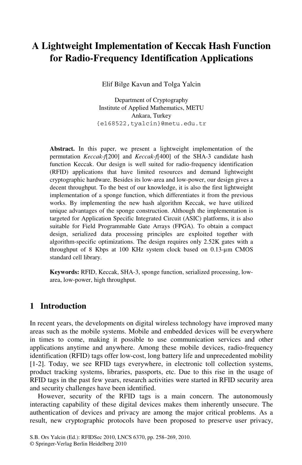 A Lightweight Implementation of Keccak Hash Function for Radio-Frequency Identification Applications