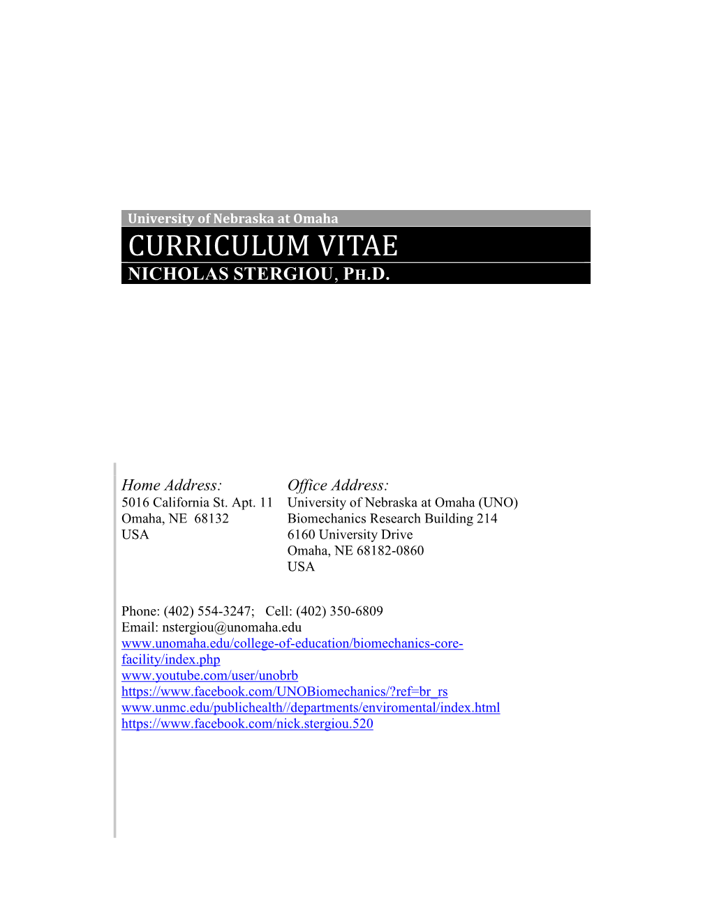 Curriculum Vitae Nicholas Stergiou, Ph.D