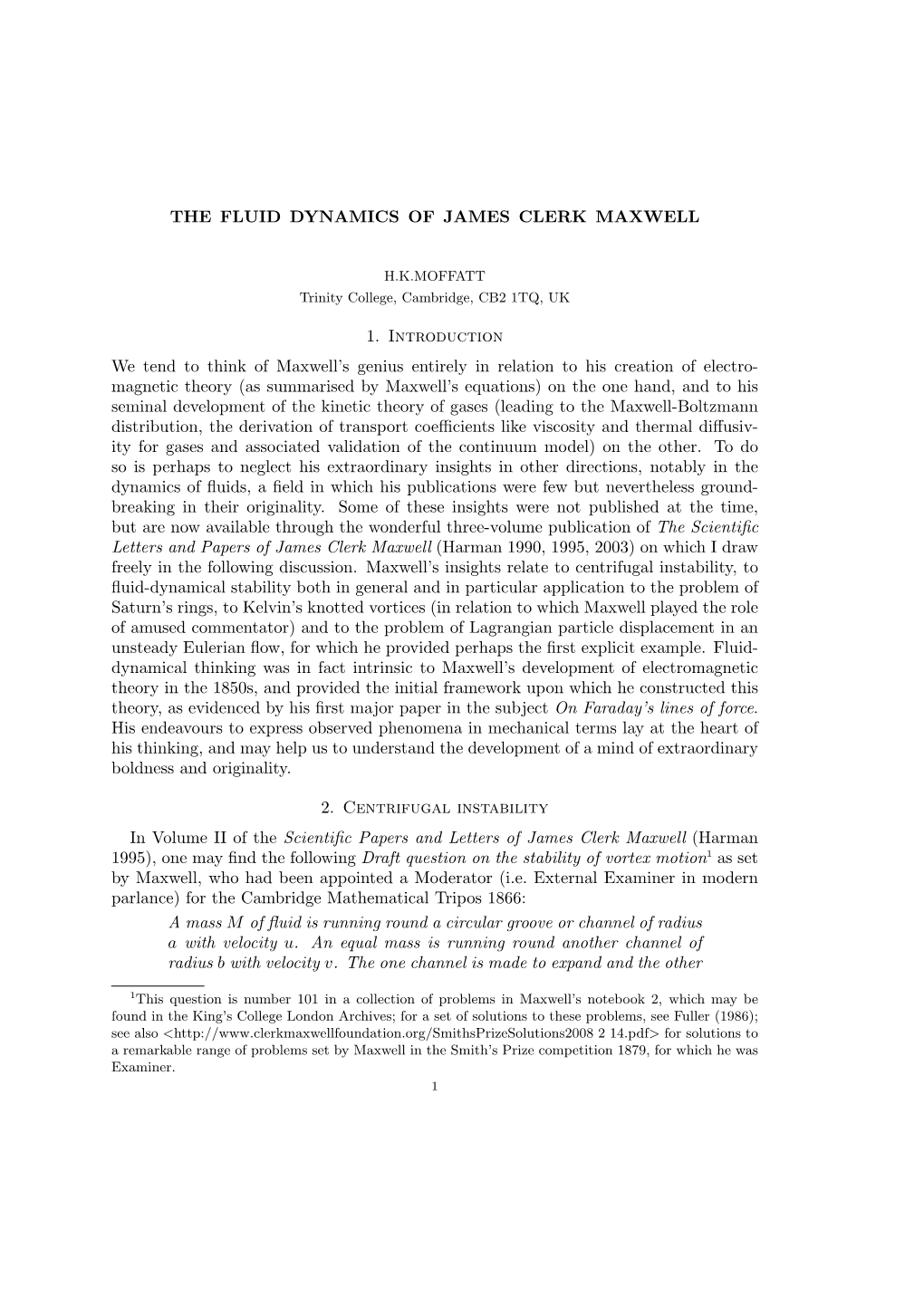 THE FLUID DYNAMICS of JAMES CLERK MAXWELL 1. Introduction