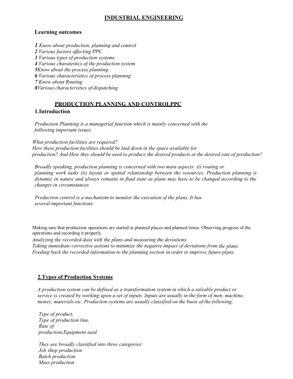 INDUSTRIAL ENGINEERING Learning Outcomes PRODUCTION