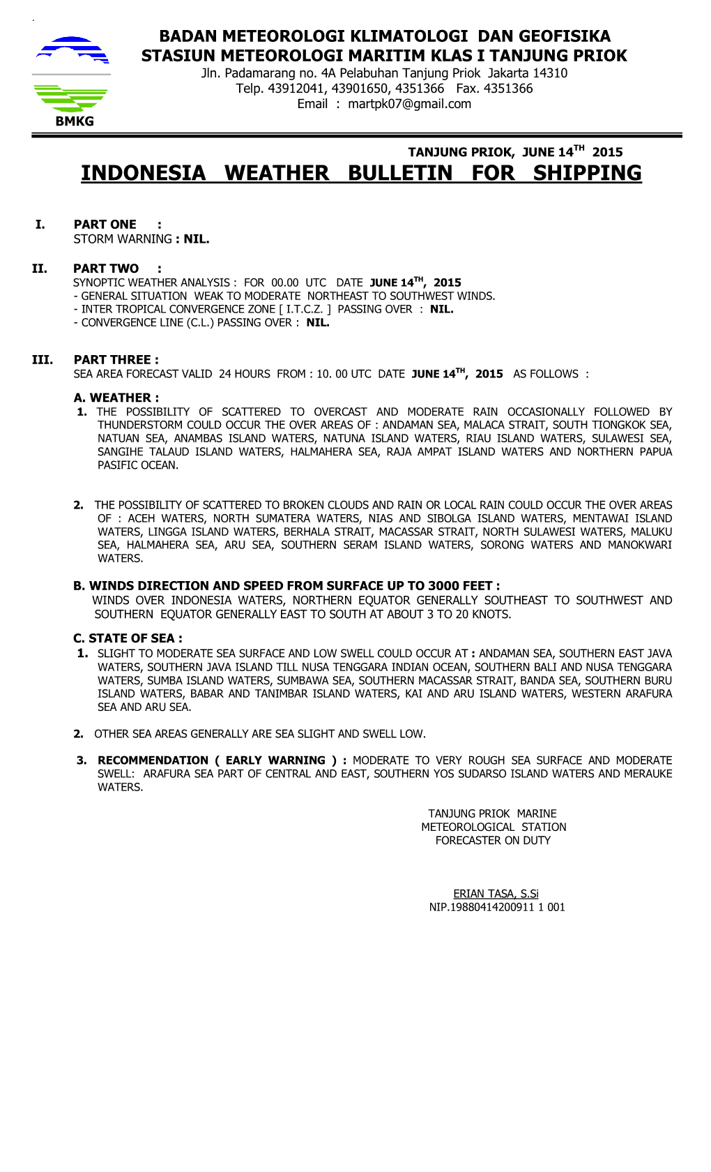 Indonesia Weather Bulletin for Shipping