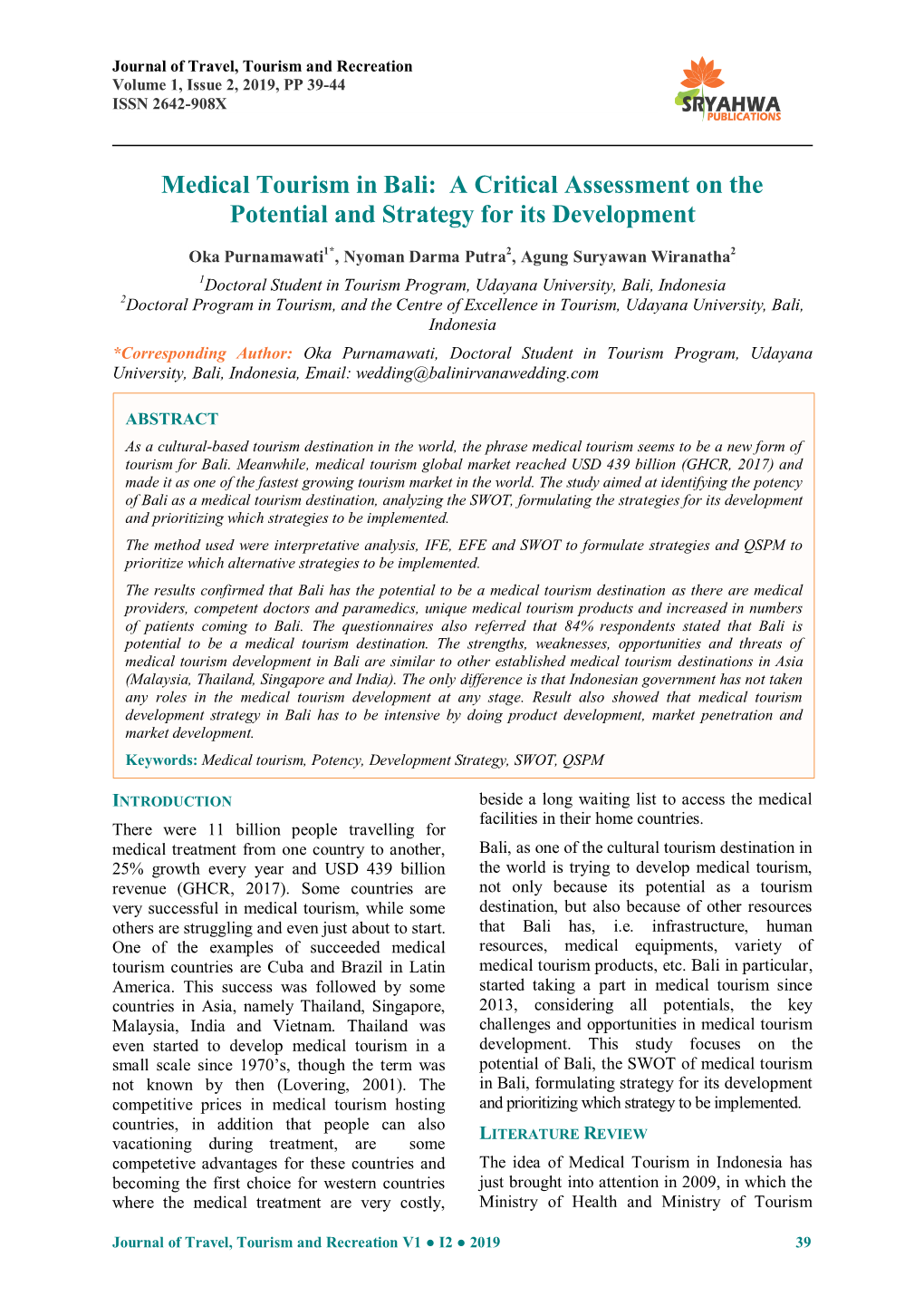 Medical Tourism in Bali: a Critical Assessment on the Potential and Strategy for Its Development