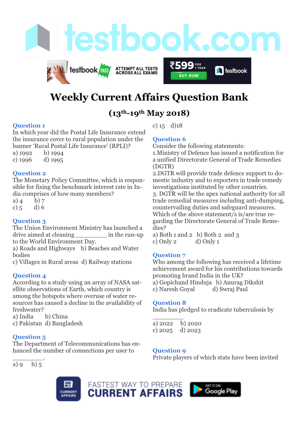 Weekly Current Affairs Question Bank