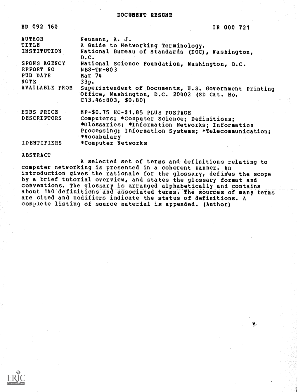 A Guide to Networking Terminology. INSTITUTION National Bureau of Standards (DOC), Washington, D.C