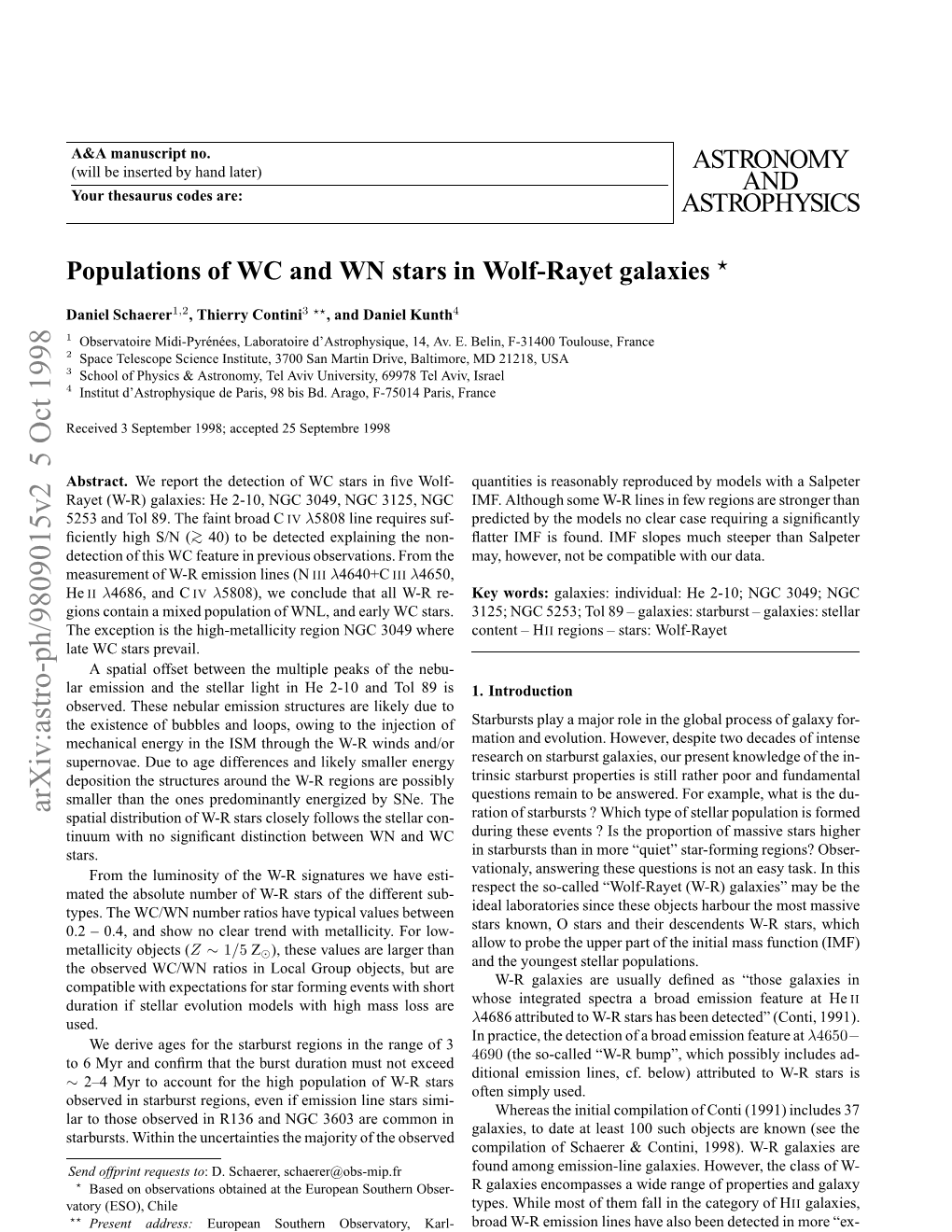 Arxiv:Astro-Ph/9809015V2 5 Oct 1998