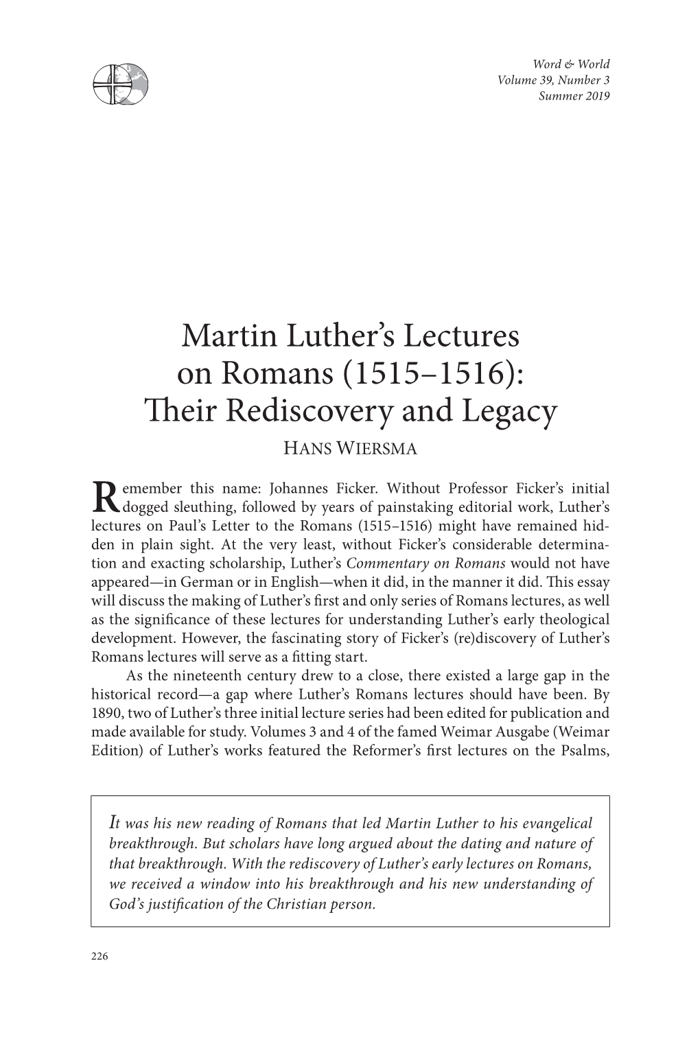 Martin Luther's Lectures on Romans (1515–1516)