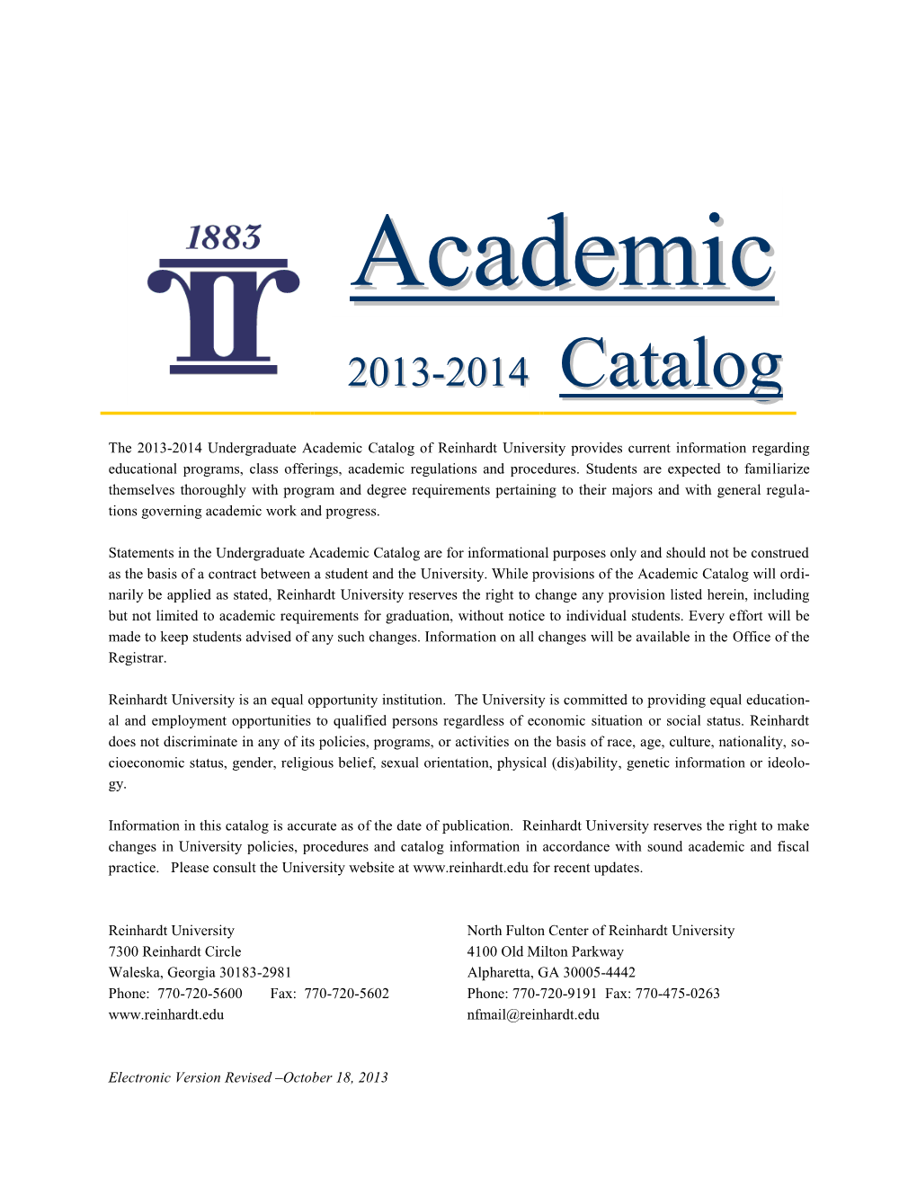 2013-2014 Reinhardt University Undergraduate Catalog