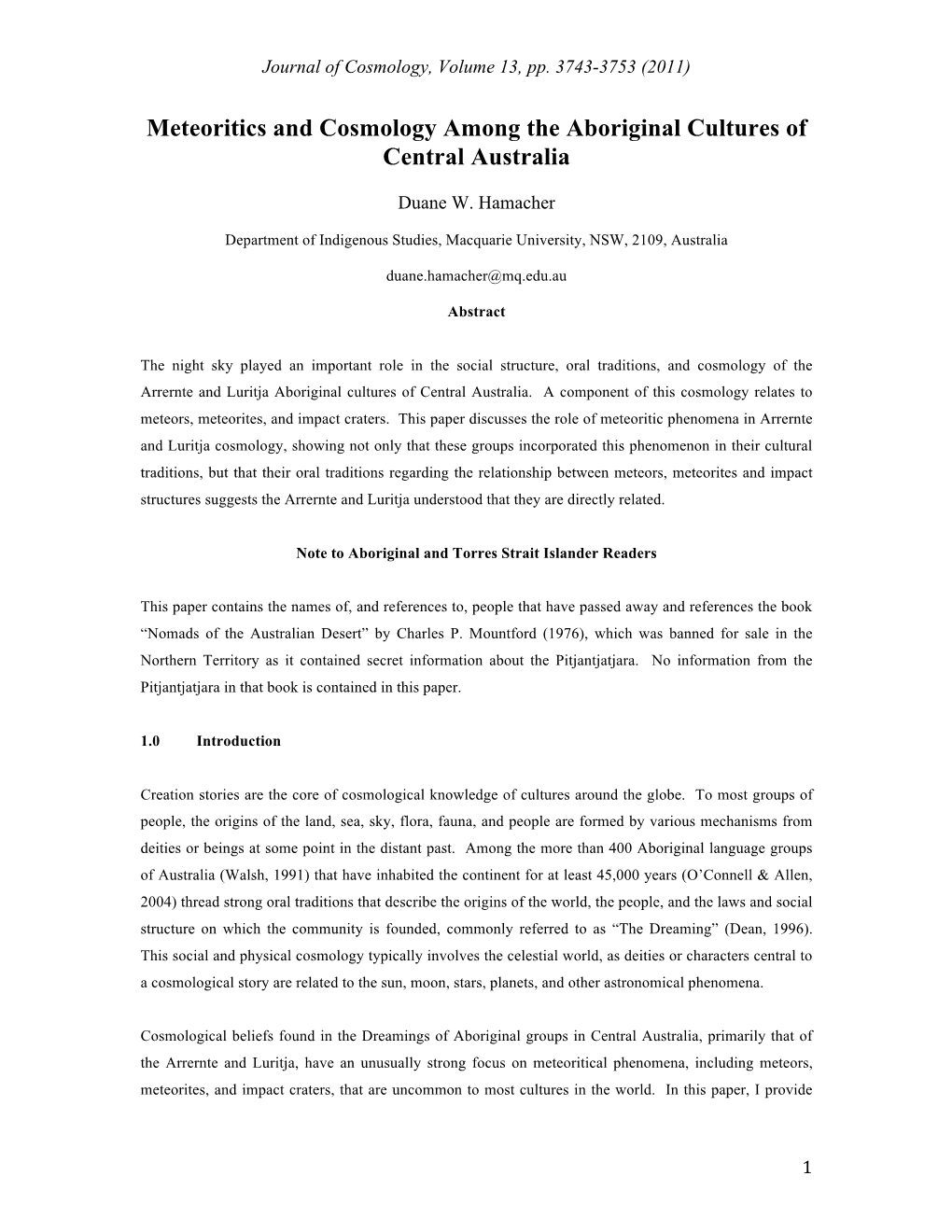 Meteoritics and Cosmology Among the Aboriginal Cultures of Central Australia