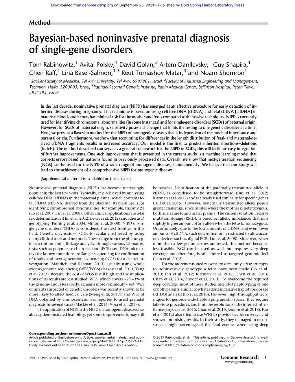 Bayesian-Based Noninvasive Prenatal Diagnosis of Single-Gene Disorders