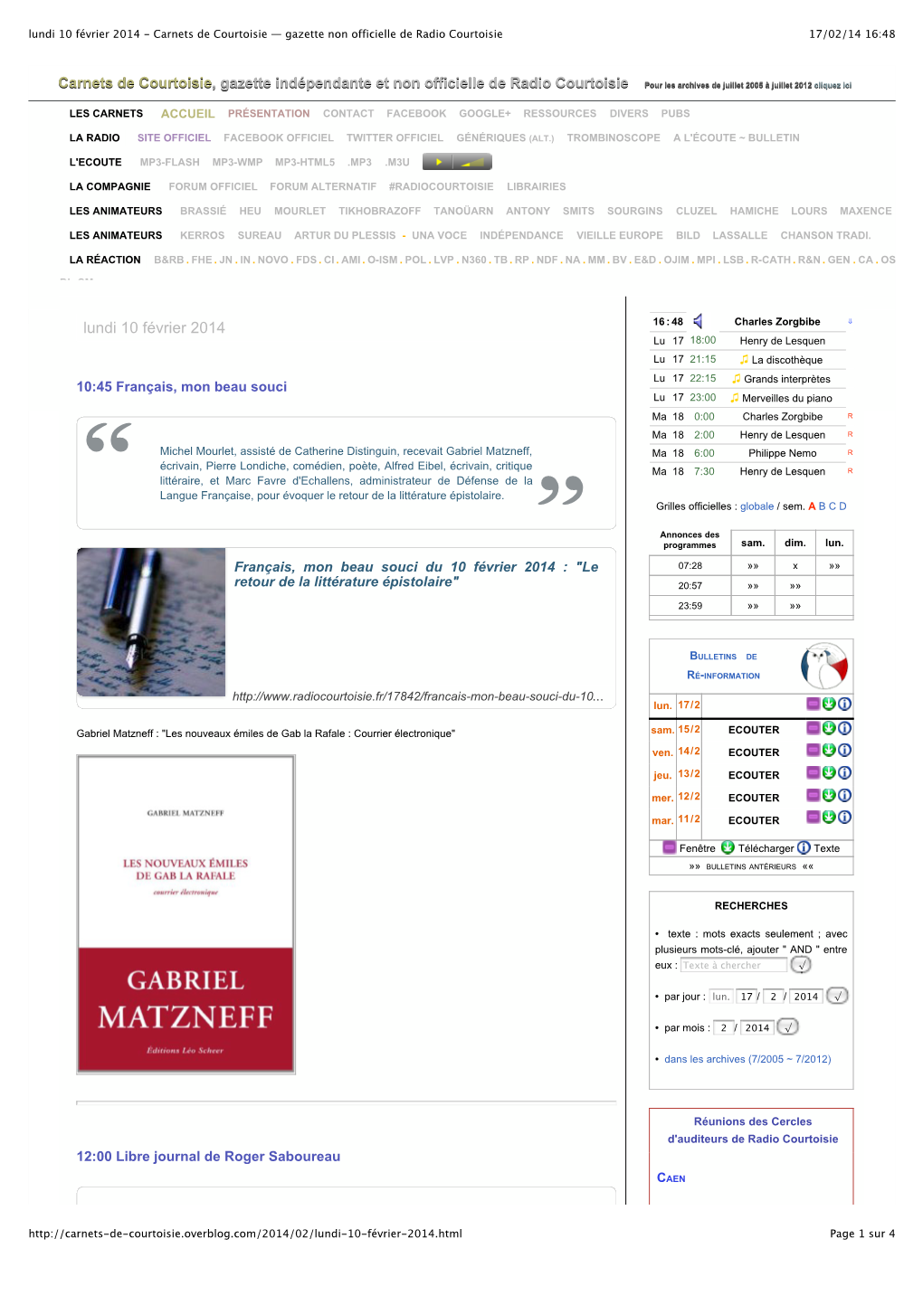 Lundi 10 Février 2014 - Carnets De Courtoisie — Gazette Non Officielle De Radio Courtoisie 17/02/14 16:48