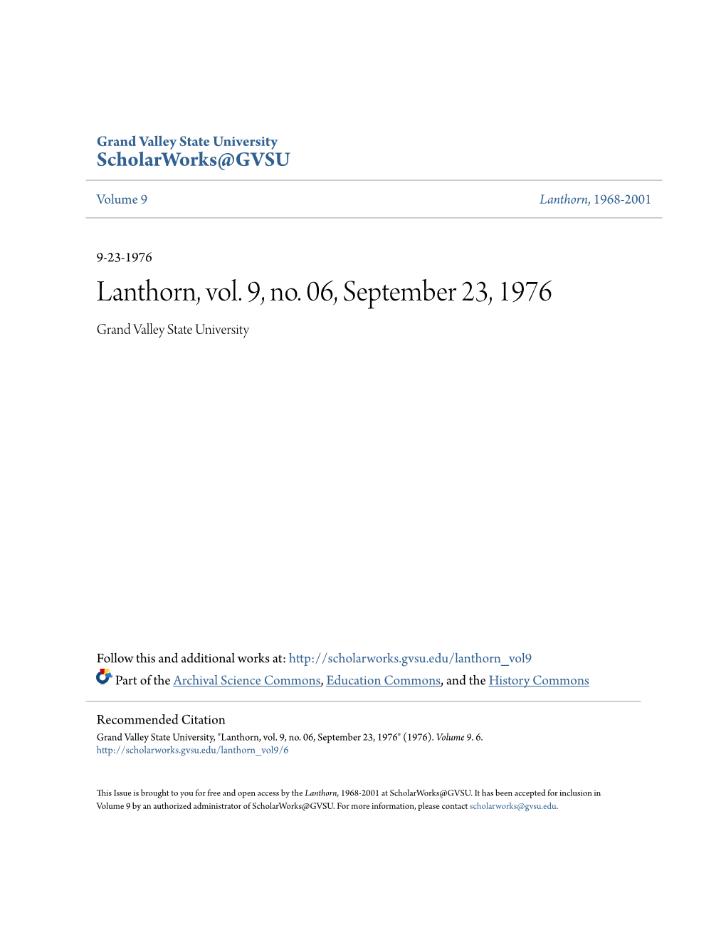 Lanthorn, Vol. 9, No. 06, September 23, 1976 Grand Valley State University