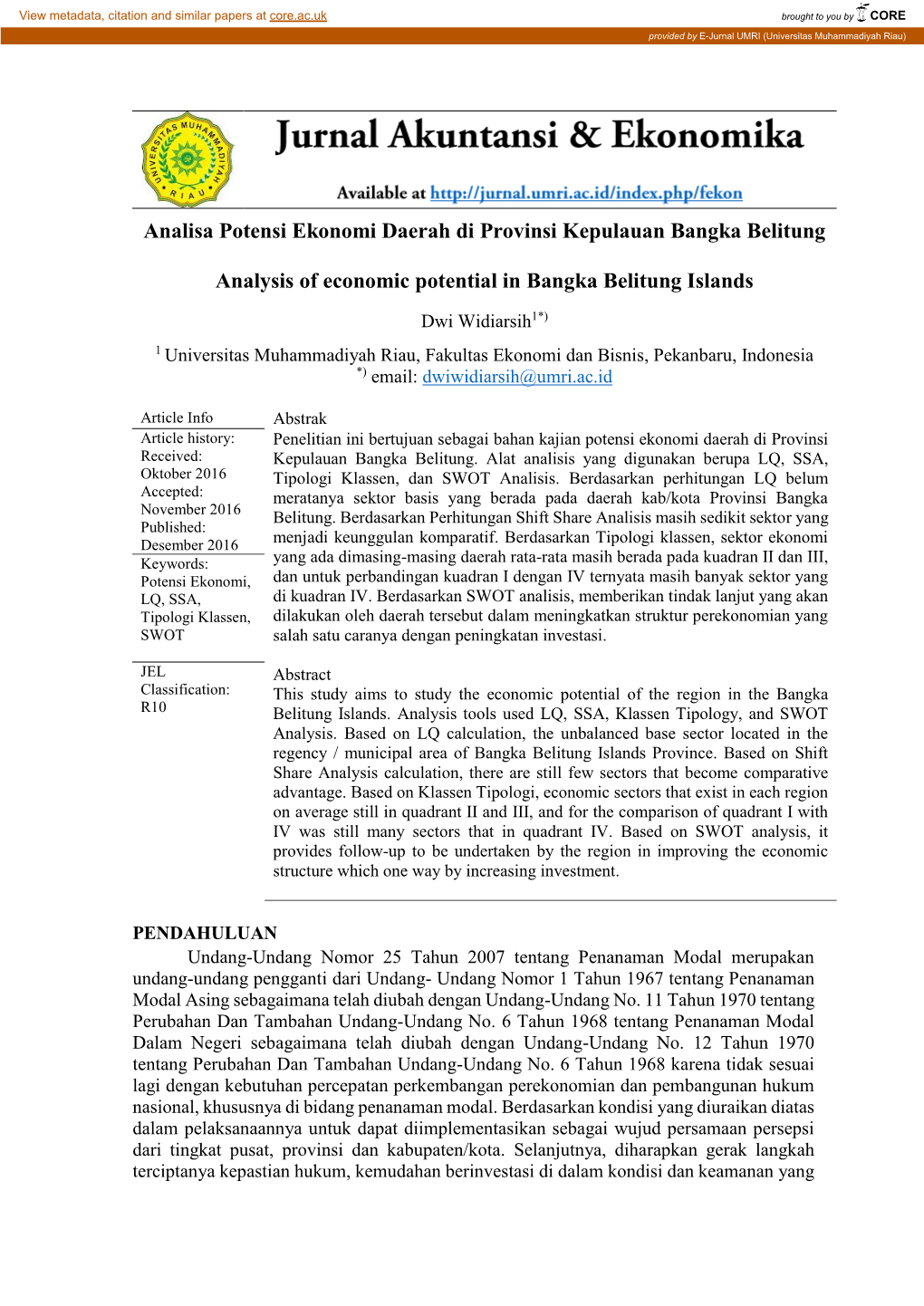 Analisa Potensi Ekonomi Daerah Di Provinsi Kepulauan Bangka Belitung Analysis of Economic Potential in Bangka Belitung Islands