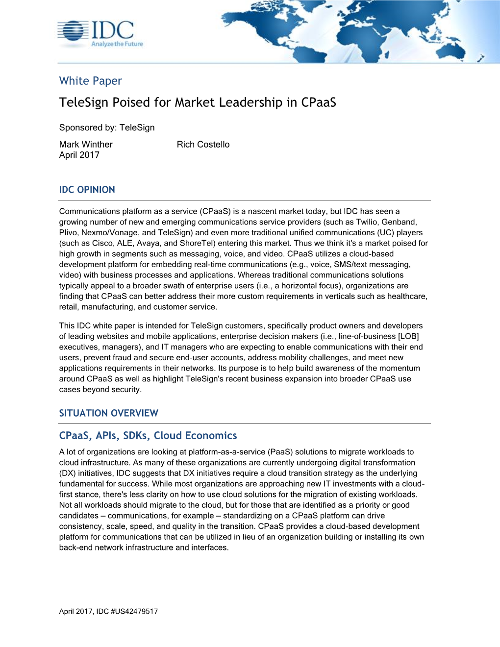 IDC White Paper – “Telesign Poised for Market Leadership in Cpaas”