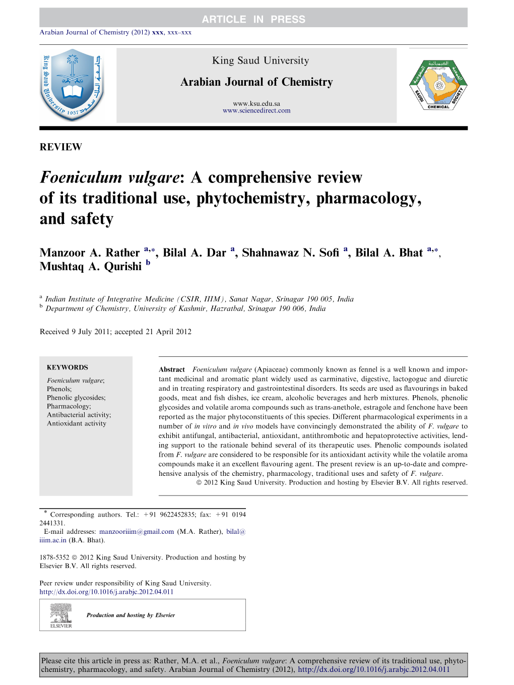 Foeniculum Vulgare: a Comprehensive Review of Its Traditional Use, Phytochemistry, Pharmacology, and Safety