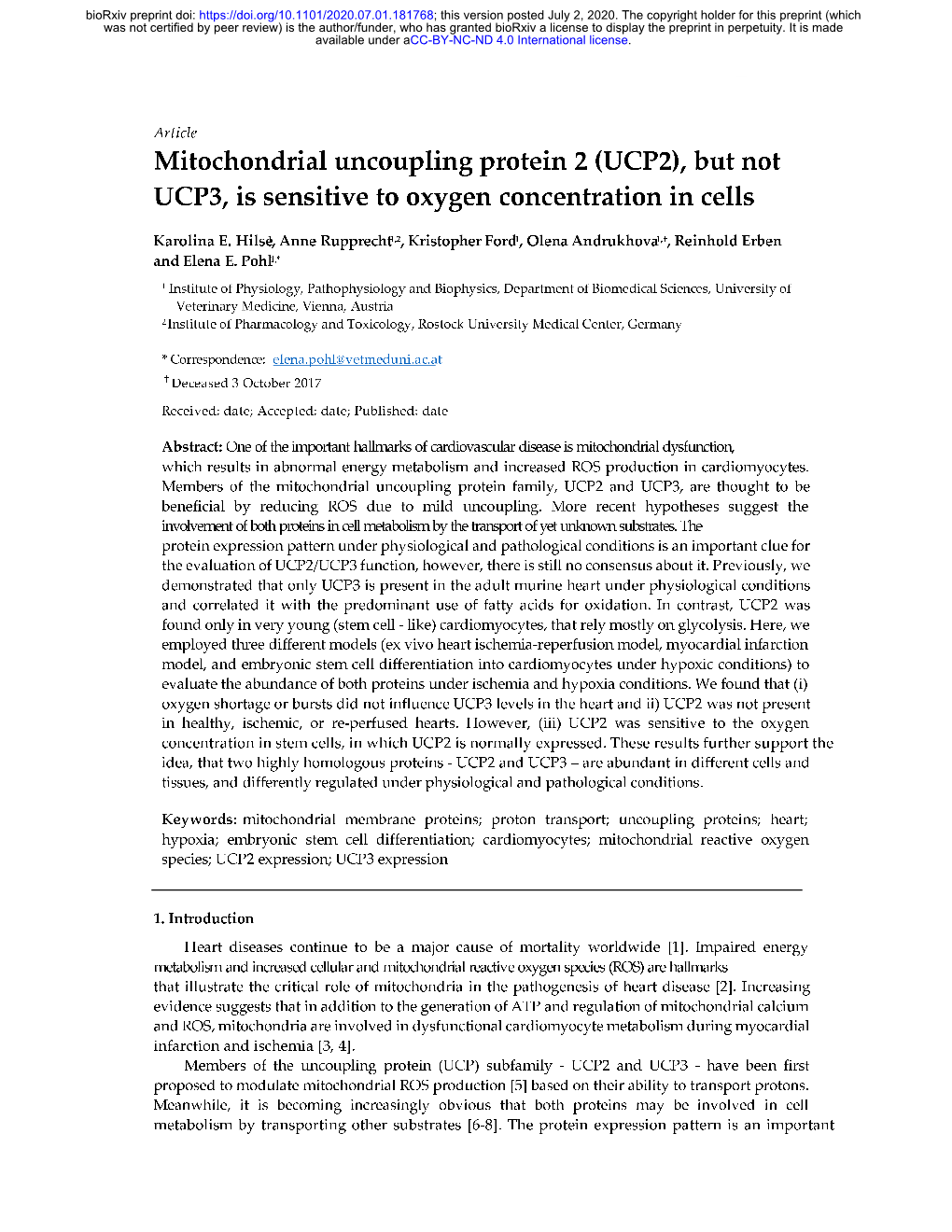 Mitochondrial Uncoupling Protein 2 (UCP2), but Not UCP3, Is Sensitive to Oxygen Concentration in Cells