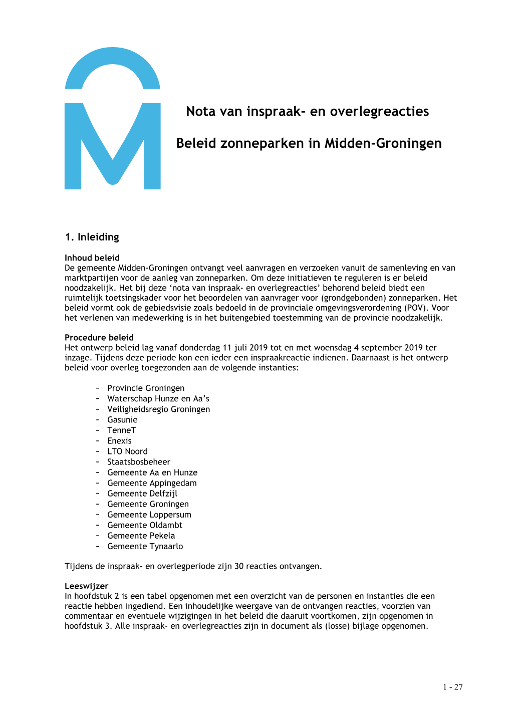 Nota Van Inspraak- En Overlegreacties Beleid Zonneparken in Midden